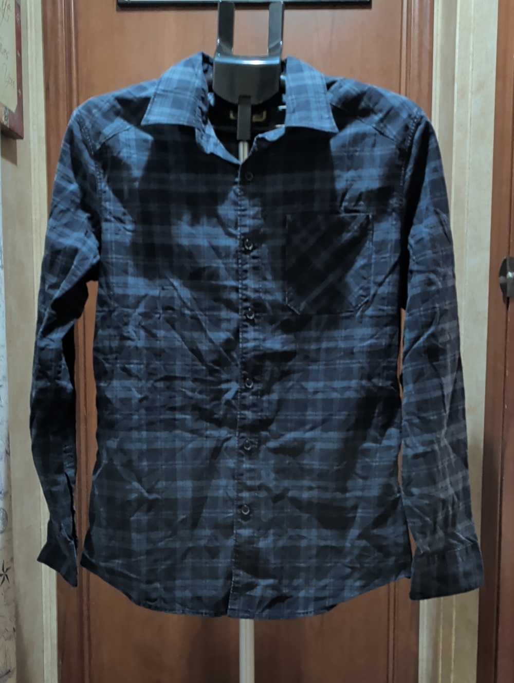 Converse Men's Navy and Black Plaid Long-Sleeve Button-Down Shirt